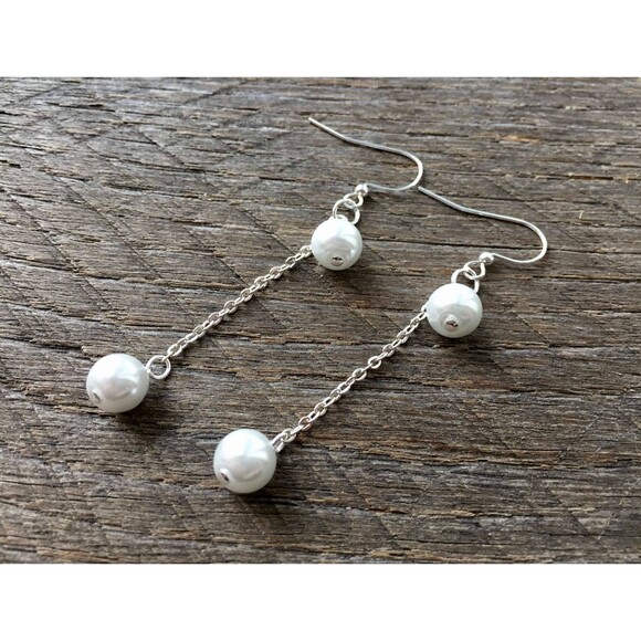 Long Pearl Earrings, Simple Drop Earrings, Delicate Bridal Gift on Silver - Picture 1 of 3